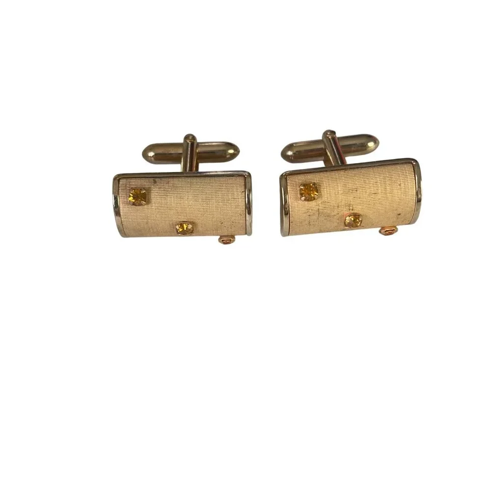 Vintage Swank Gold Tone Barrel Cufflinks Orange Rhinestone Mod Mid Century